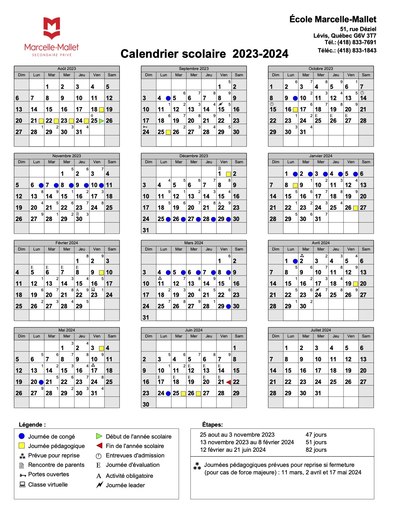 Calendrier  Collège de Lévis